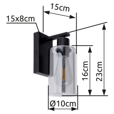 Nástenné svietidlo, kov čierny, sklo dymové, svieti smerom dole, ŠxV: 100x230, H: 150, bez žiarovky 16