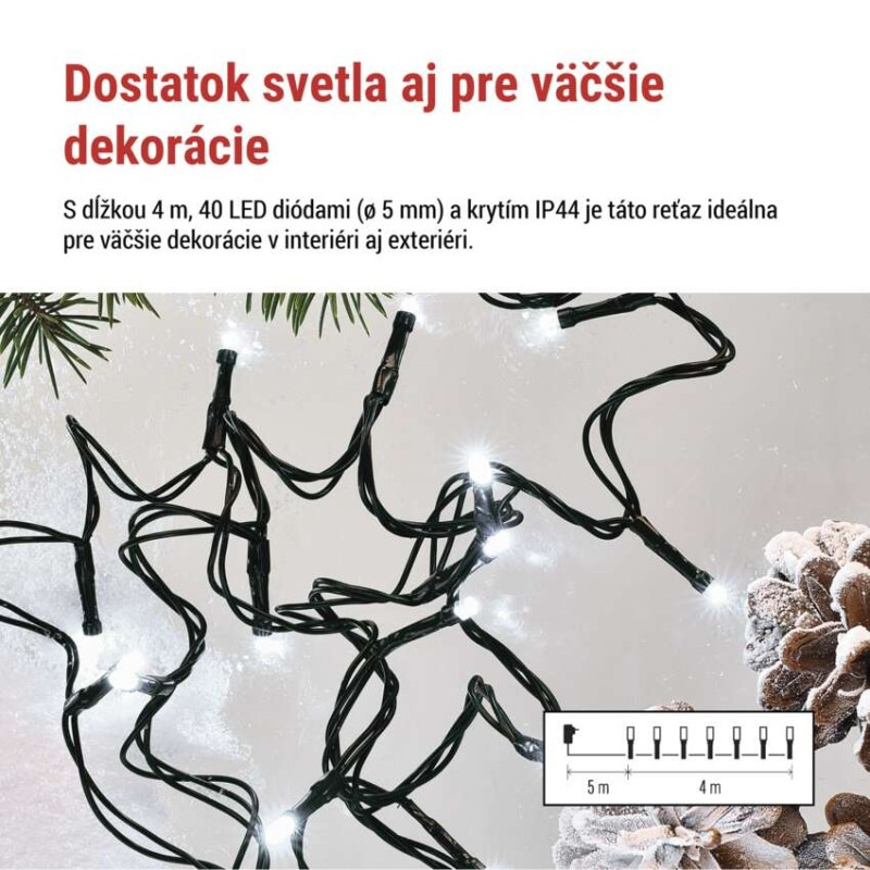 LED vianočná reťaz, 4 m, vonkajšia aj vnútorná, studená biela, programy, časovač 1