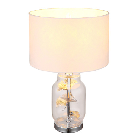 Stolové svietidlo, kov chróm, sklo priehľadné, biely textil, biely plast, priehľadný PVC kábel, kolí