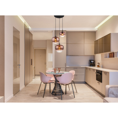 Závesné svietidlo, čierny matný kov, kov čierny chróm, sklo medenej farby, priehľadné, čierny textil 8