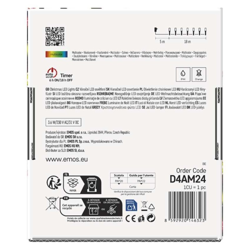 LED vianočná reťaz, 18 m, vonkajšia aj vnútorná, multicolor, programy, časovač 10