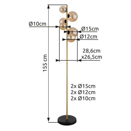 Stojanové svietidlo, kov čierny, kov mosadz, sklo jantárové, nožný vypínač , DxŠxV:285x265x1550mm, d 20