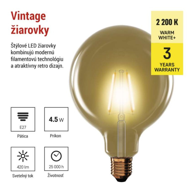 LED žiarovka Vintage G125 / E27 / 4,5 W (40 W) / 420 lm / Teplá biela 1