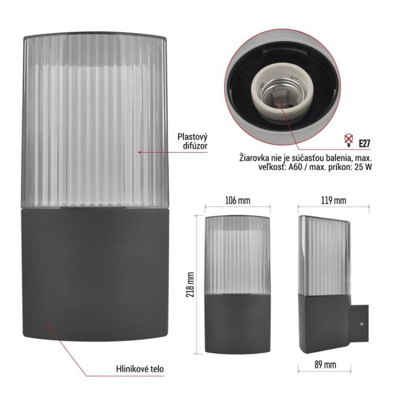 Záhradné nástenné svietidlo LANA, 11,7 x 10,6 x 21,8 cm, 1 x E27, 25 W 4