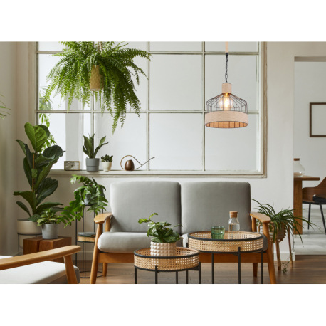 Závesné svietidlo, kov čierny matný, konopné lano hnedé, čierna reťaz, Ø 350, V: 1350, bez žiarovky 1