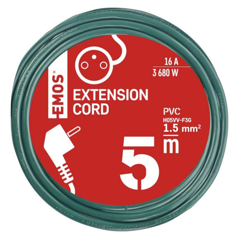 Predlžovací kábel 5 m / 1 zásuvka / zelený / PVC / 1,5 mm2 1