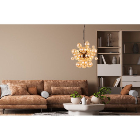 Závesné svietidlo, kov čierny, kov zlatej farby, sklenené gule jantárovej farby, kábel PVC čierny, m 10