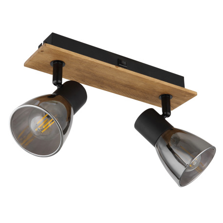 Nástenné svietidlo, drevo hnedé, kov čierny, dymové sklo, s vypínačom, DxŠxV:250x70x155mm, bez žiaro 15