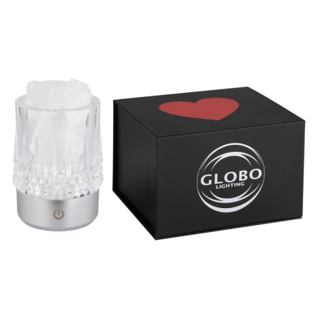 Stolová lampa, matný strieborný plast, priehľadný plast s krištáľovým efektom, biele ozdobné kamene, 19