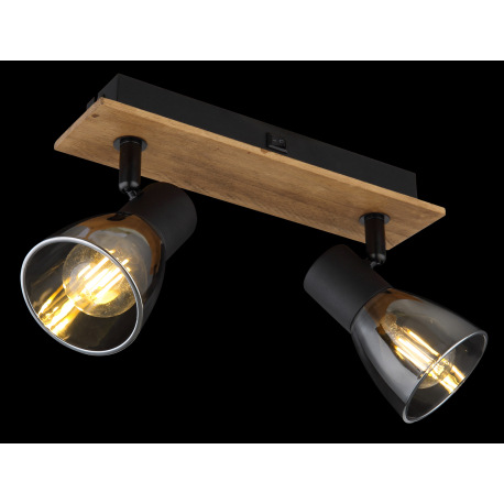 Nástenné svietidlo, drevo hnedé, kov čierny, dymové sklo, s vypínačom, DxŠxV:250x70x155mm, bez žiaro 14