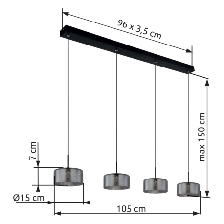 Závesné svietidlo, čierny matný kov, dymové sklo, číry akryl, čierny PVC kábel, možnosť skrátenia vý 6