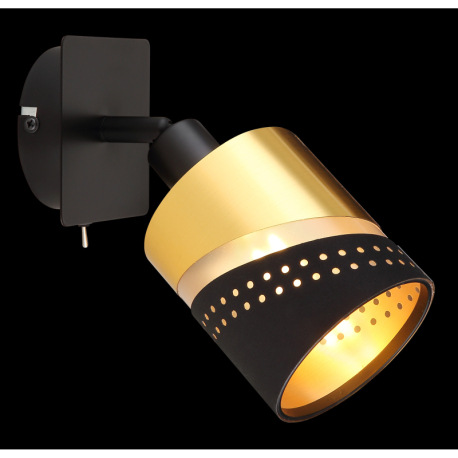 Nástenné svietidlo, kov čierny, textil čierny, plast zlatej farby, kolískový vypínač na výrobku, ŠxV 2