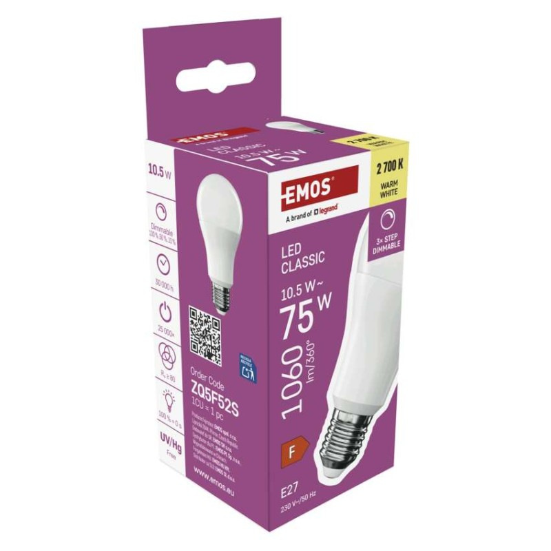 LED žiarovka Classic A60/ E27 / 10,5 W (75 W) / 1 060 lm / teplá b./krokovo stmievateľné 12
