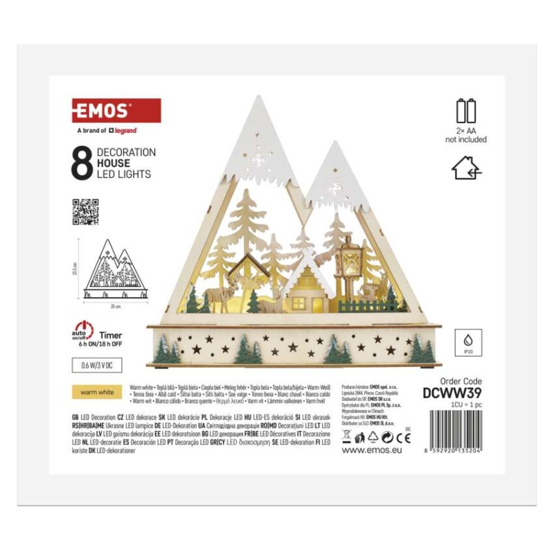LED drevená vianočná krajina, 23,5 cm, 2x AA, vnútorný, teplá biela, časovač 6