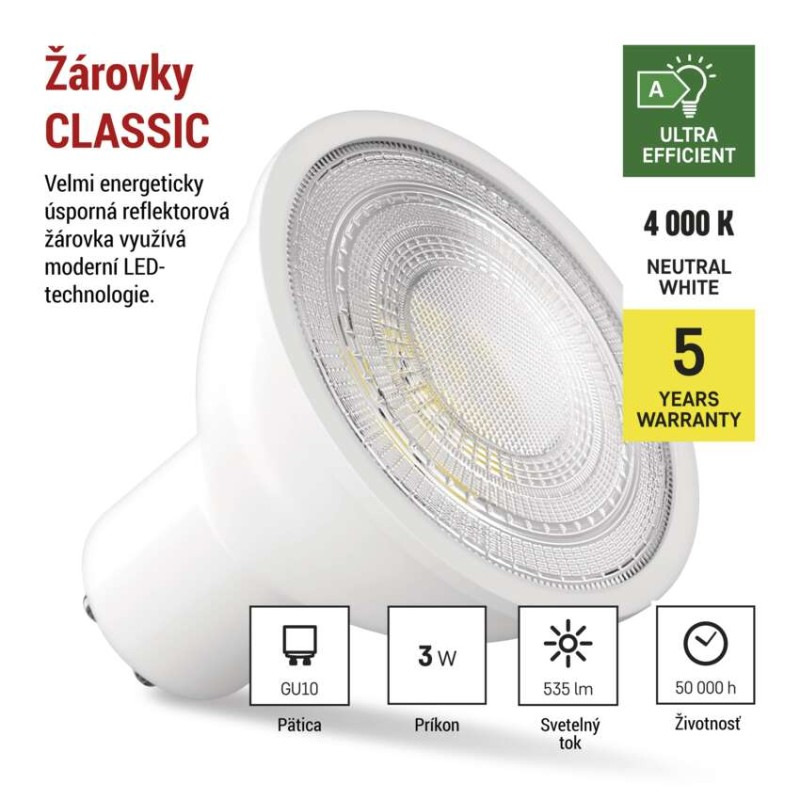 LED žiarovka Classic MR16 A CLASS/ GU10 / 3 W (40 W) / 535 lm / Neutrálna biela 1