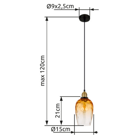 Závesné svietidlo, kov čierny, sklo jantárové, priehľadné, kov mosadzný matný, kábel PVC čierny, mož 12