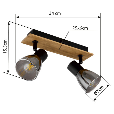 Nástenné svietidlo, drevo hnedé, kov čierny, dymové sklo, s vypínačom, DxŠxV:250x70x155mm, bez žiaro 12