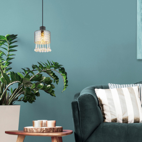 Závesné svietidlo, kov čierny matný, sklo dymové, sklenené kvapky priehľadné, akrylové krištále prie 3