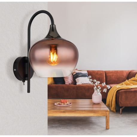 Nástenné svietidlo, kov čierny, kov čierny chróm, sklo medenej farby, priehľadné, kolískový vypínač 8