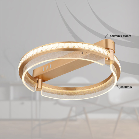 Stropné svietidlo, kov zlatej farby, hliník zlatej farby brúsený, K5 krištále číre, akryl číry, stmi 13