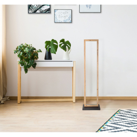 Stojacia lampa kov čierna matná, MDF imitácia dreva, plast biely, kábel PVC čierny, vypínač, DxŠxV: 1