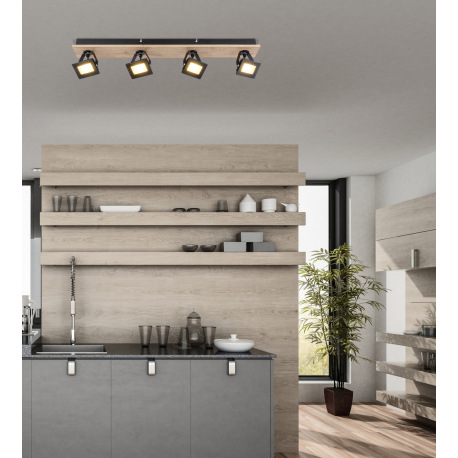 Stropné svietidlo, kov čierny matný, drevo tmavohnedé, sklo satinované, číre, DxŠxV: 660x80x110mm, v 7