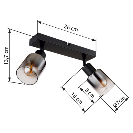 Nástenné svietidlo, kov čierny matný, dymové sklo s prechodom do priehľadného skla, DxŠxV: 260x70x14 20