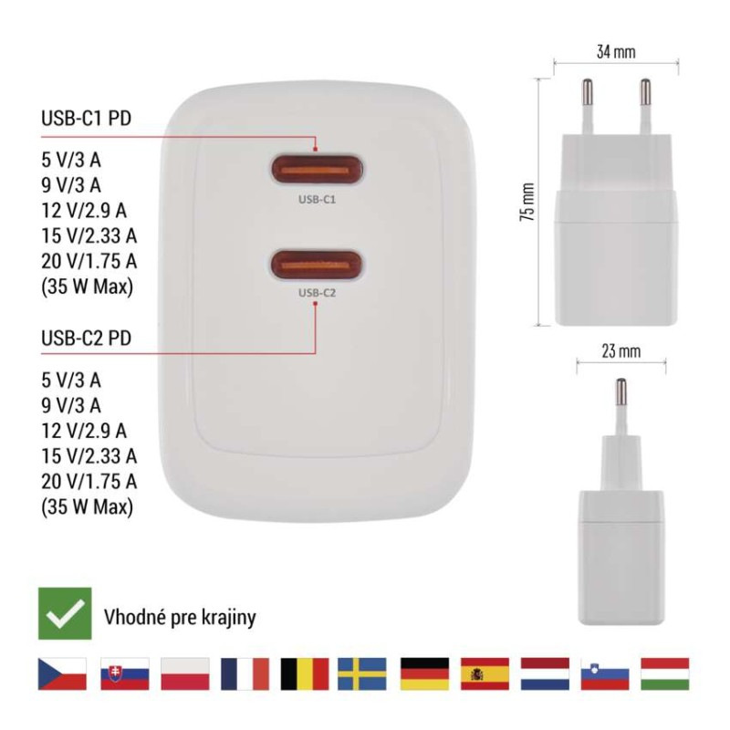 Univerzálny USB adaptér GaN do siete PD 35 W max. 3