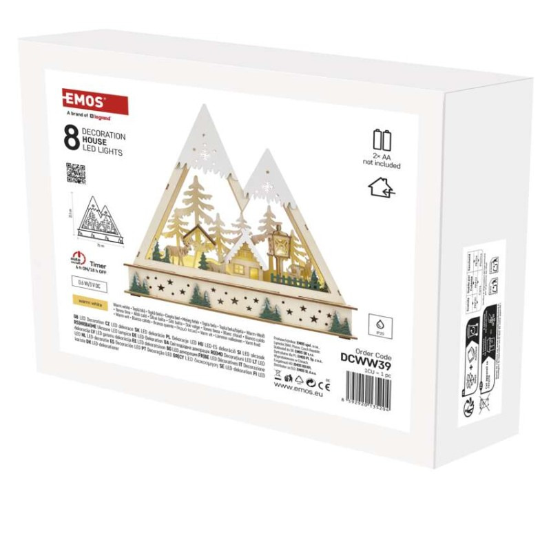 LED drevená vianočná krajina, 23,5 cm, 2x AA, vnútorný, teplá biela, časovač 1