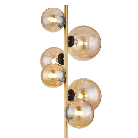 Stojanové svietidlo, kov čierny, kov mosadz, sklo jantárové, nožný vypínač , DxŠxV:285x265x1550mm, d 4