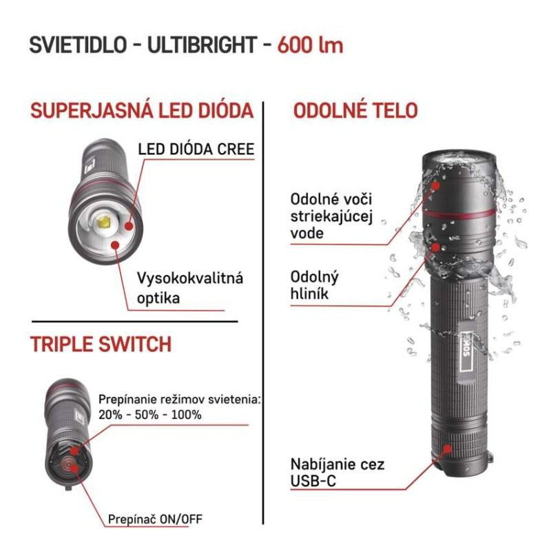 CREE LED nabíjacie kovové svietidlo Ultibright 80, 600lm 1