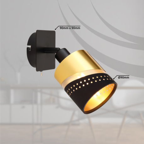 Nástenné svietidlo, kov čierny, textil čierny, plast zlatej farby, kolískový vypínač na výrobku, ŠxV 9