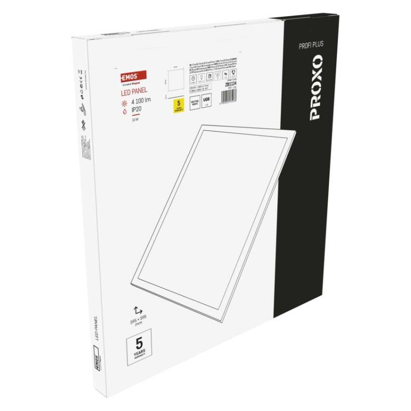 LED panel PROXO 60×60, štvorcový vstavaný biely, 33W neutrálna b. UGR 10