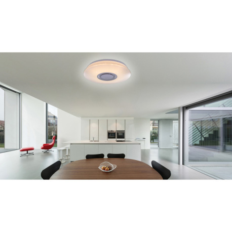 Stropné svietidlo, kov biely, akryl opál, plast biely, trblietavý efekt, reproduktor 5W, bluetooth, 7