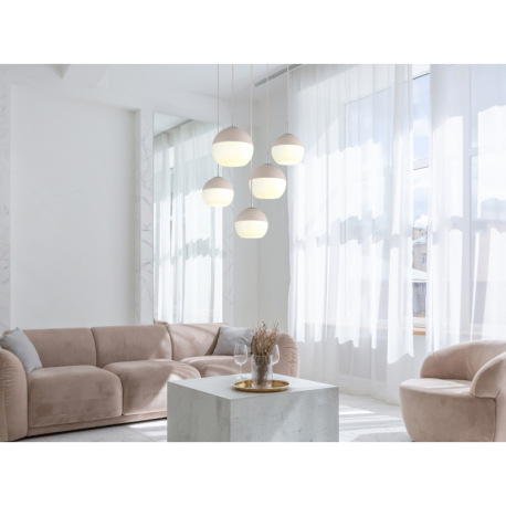 Závesné svietidlo, kov, matná piesková farba, chrómovaný kov, sklenené gule pieskovej a bielej farby 5