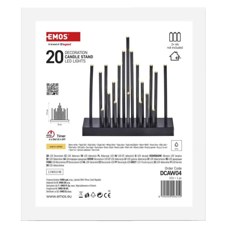 LED svietnik čierny, 27,5 cm, 3x AA, vnútorný, teplá biela, časovač 7