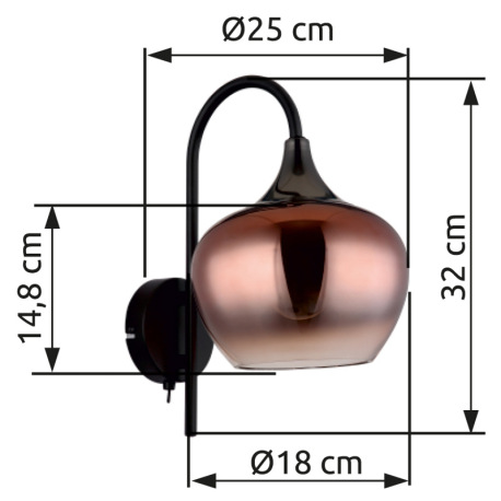 Nástenné svietidlo, kov čierny, kov čierny chróm, sklo medenej farby, priehľadné, kolískový vypínač 14