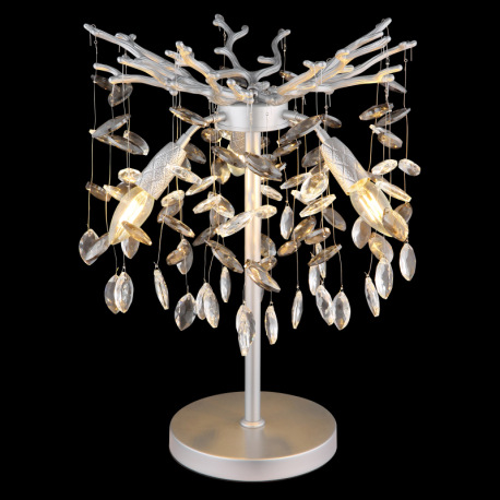 Stolové svietidlo, kov strieborná matná, sklenené krištále dymové, číre, kábel PVC, kolískový vypína 7