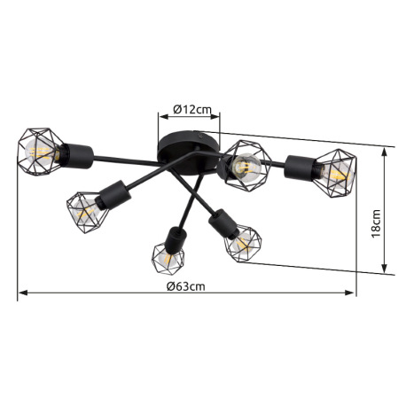 Stropné svietidlo, čierny kov, Ø630, V: 180, bez žiaroviek 6xE14, max. 40W 230V 12