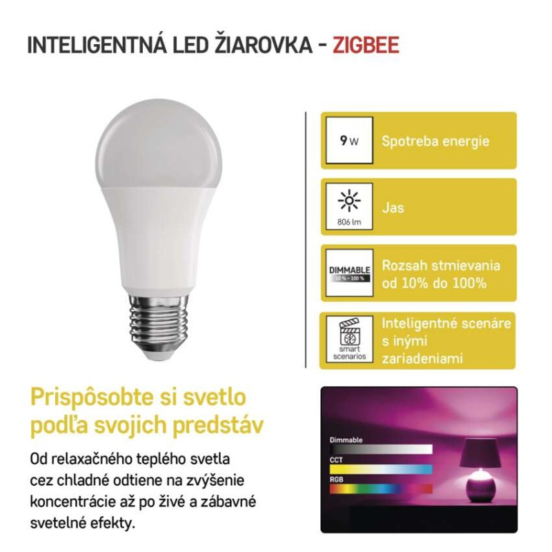 LED žiarovka GoSmart A60 / E27 / 9 W (60 W) / 806 lm / RGB / stmievateľná / Zigbee 1