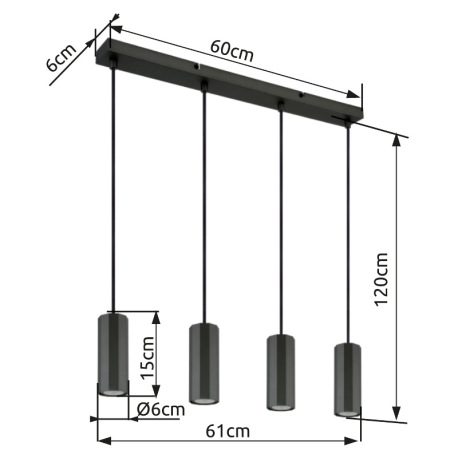 Závesné svietidlo, kov sivý, hliník sivý, kábel PVC čierny, výškovo nastaviteľné, DxŠxV: 610x60x1200 16
