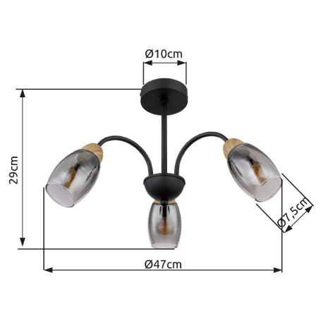 Stropné svietidlo kov čierny matný, sklo dymové, kov imitácia dreva, ø: 470mm, V: 290mm, bez žiarovi 7