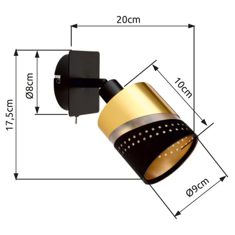 Nástenné svietidlo, kov čierny, textil čierny, plast zlatej farby, kolískový vypínač na výrobku, ŠxV 10