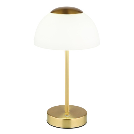 Nabíjateľná stolová lampa, kov mosadz matná, sklo biele, dotykové zapnutie/vypnutie, plynulá regulác 5