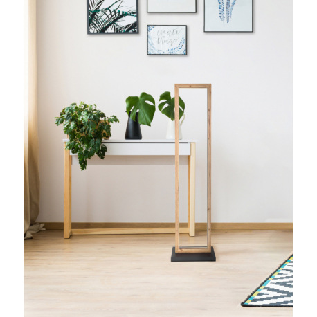 Stojacia lampa kov čierna matná, MDF imitácia dreva, plast biely, kábel PVC čierny, vypínač, DxŠxV: 2