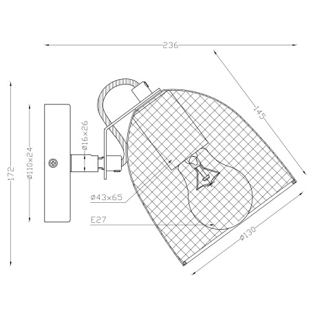 Nástenné svietidlo, drevo hnedé a čierne, kov čierny, mriežkované kovové tienidlo, ŠxV:130x170, H:24 15
