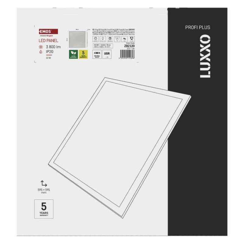 LED panel LUXXO backlit 60×60, štvorcový vstavaný biely, 22W neutrálna b. UGR 7