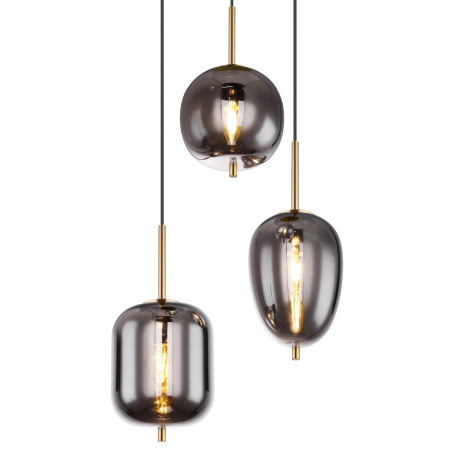 Závesné svietidlo, kov čierny, mosadz, dymové sklo, ø: 460mm, V:1200mm, bez žiaroviek 3x E14, max. 4 5