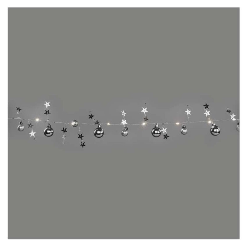 LED vianočná girlanda – strieborné guličky, 1,9 m, 2x AA, vnútorný, teplá biela, časovač 9
