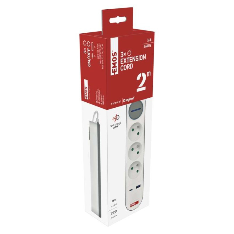Predlžovací kábel 2 m / 3 zásuvky / s vypínačom / biely / 1×USB-A + 1×USB-C / 1,5 mm2 14